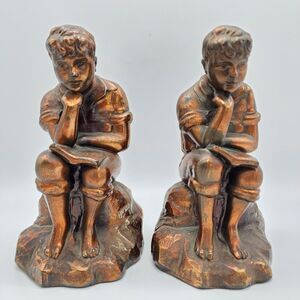 Pair of Antique Bookends Boy Reading Cast Metal Bronze Finish Office Decor MCM